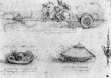 Études de machines militaires ressemblant à des chars ; y compris une en haut avec des chevaux tirant un engin avec des faux tournantes, c.1485